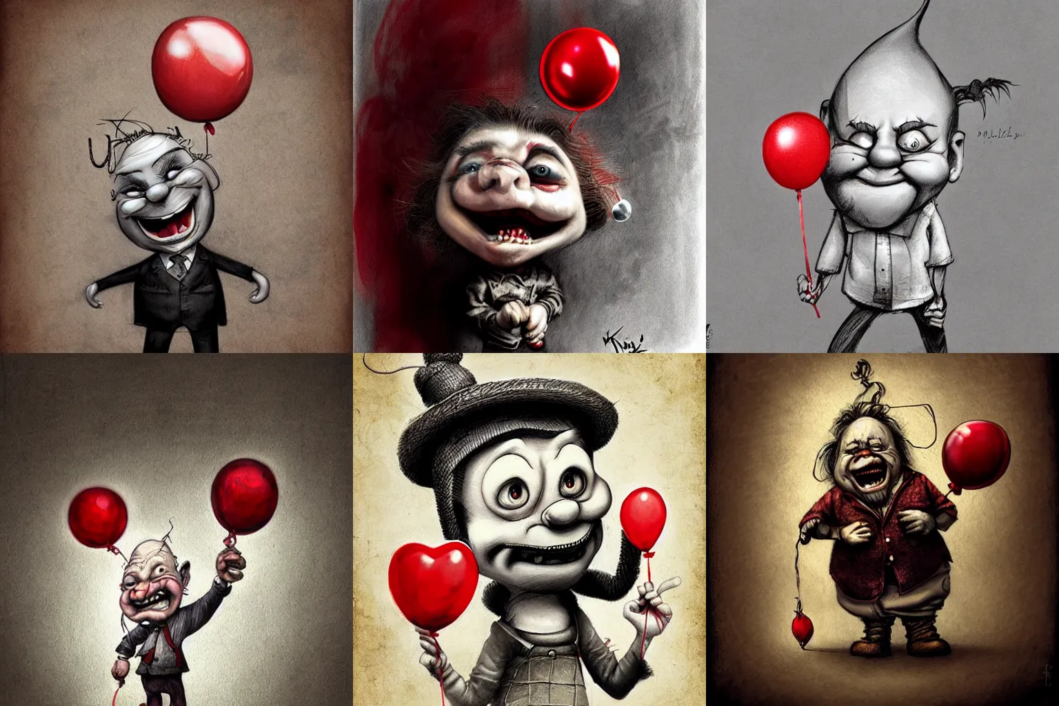 Prompt: surrealism grunge cartoon sketch of a dwarf with a wide smile holding a red balloon by - michael karcz, loony toons style, horror theme, detailed, elegant, intricate