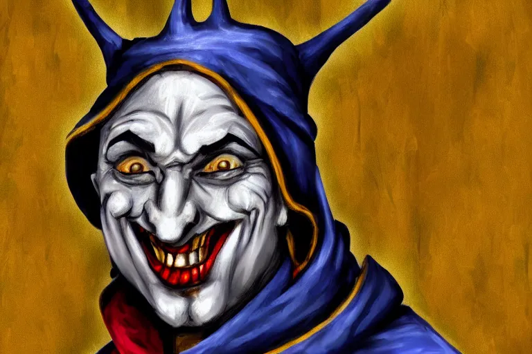 Image similar to medieval jester, sinister, digital art, painting, portrait,