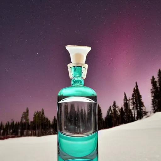 Image similar to perfume bottle buried in the snow under the northern lights