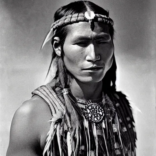 Prompt: young thin native American man wearing buckskin shirt, shaman deadlands, weird west