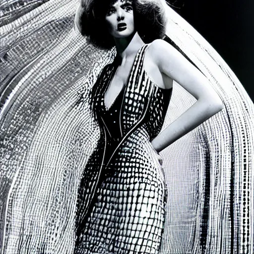 Prompt: close up of female movie star of the seventies with futuristic avant - garde dress, official jean - paul gaultier editorial, highly detailed