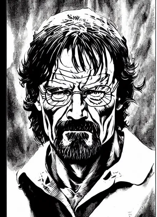 Prompt: portrait of walter white as conan the barbarian by frank frazetta and tim bradstreet, inktober, ink drawing, black and white, coloring pages, manga, highly detailed
