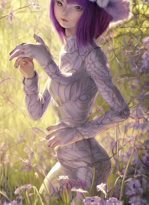 Prompt: elf girl, cat suit, soft hair. light color palate, purple, yellow and white. detailed soft painting, ayami kojima, made in abyss, anatomically correct, ilya kuvshinov, inspired in balthus, high detailed face anime, vogue magazine, glorious composition, mobile wallpaper