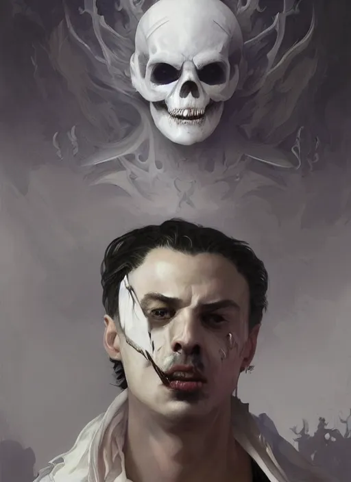 Image similar to character concept portrait of an princely young angry Spanish wizard with pale white skin and wearing half skeleton mask while casting a dark seduction spell, a floating burning spell book in the center, intricate, elegant, digital painting, concept art, smooth, sharp focus, illustration, from Metal Gear, by Ruan Jia and Mandy Jurgens and William-Adolphe Bouguereau, Artgerm