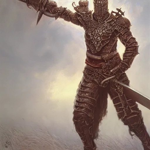 Prompt: albino wearing armor and wielding a long black sword, by michael whelan