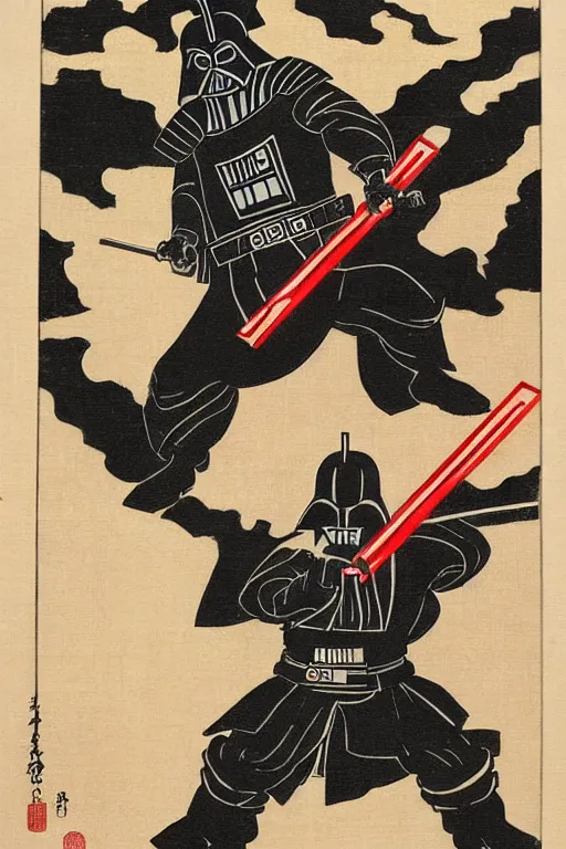 Prompt: Japanese woodblock print of Darth Vader holding a samurai sword , Hokusai