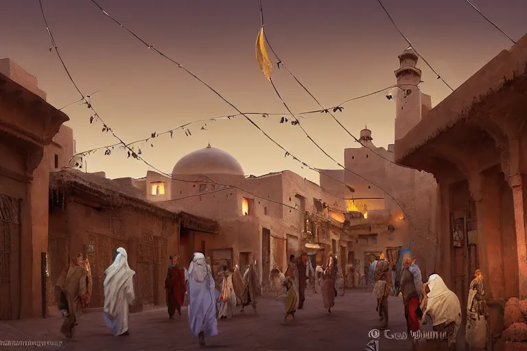 Image similar to at night low angle in the middle of a adobe house kasbah town, mud and brick houses, merchant street, pueblo dense architecture, colorful crowd. Huge Persian white temple in a plaza, round roof. Kite in the sky. Scenic view at night, underexposed, clean horizon, matte painting by craig mullins and dan mumford, dark fantasy, style of game of thrones, concept art trending on artstation, 4k, insane details