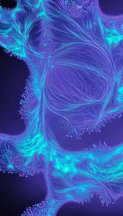 Prompt: 8 k uhd houdini recursive fractal structure, background bioluminescent swirling smoke wisps, gradient palette, volumetric lighting, 1 8 mm lens