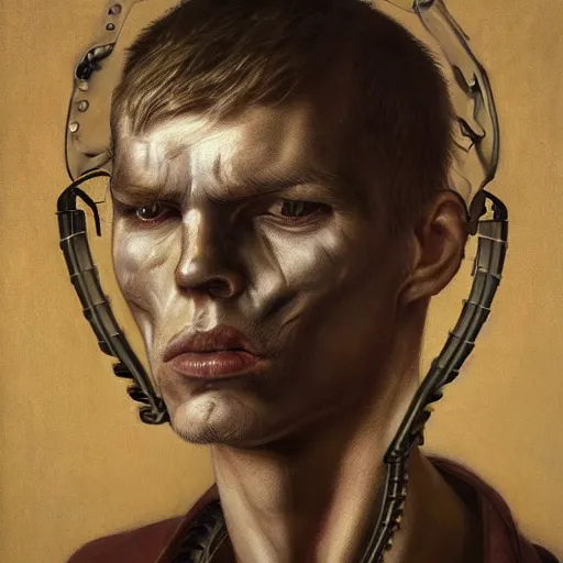 Image similar to surreal portrait of a man by Greg Rutkowski and H.R Giger, symmetrical face, he is about 30 years old, west slav features, short blonde hair with bangs, attractive, smart looking, slim, somewhat androgenic, transformed into a kind of biomechanical transhuman god, disturbing, terrifying but fascinating, with a determined and sinister expression on his face, cosmic void background, frightening, fascinating, highly detailed portrait, digital painting, book cover, artstation, concept art, smooth, sharp foccus ilustration, Artstation HQ