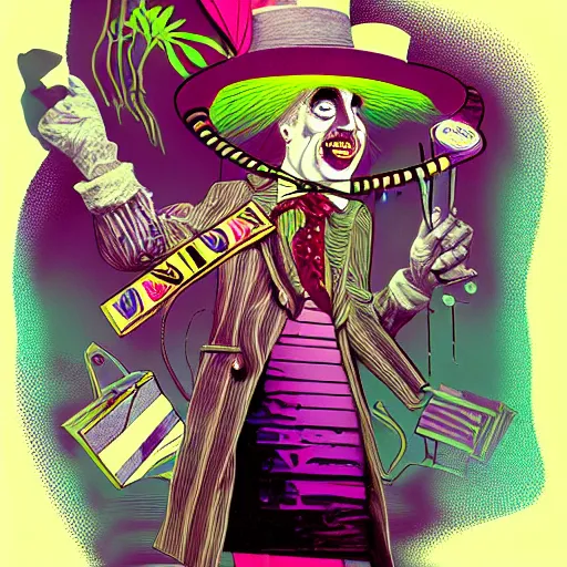 Image similar to graphic illustration, creative design, alice in wonderland with willy wonka, biopunk, francis bacon, highly detailed, hunter s thompson, concept art