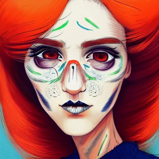 Image similar to portrait painting of a trendy woman with swept back wild orange hair, fashionable, windy, face paint, sharp focus, award - winning, trending on artstation, masterpiece, highly detailed, intricate. art by josan gonzales and moebius and deathburger