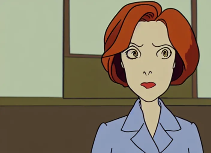 Image similar to an animation still of dana scully, in the style of studio ghibli, netflix animation, toei animation, filmation animation, traditional animation, sharp detail, animation cel