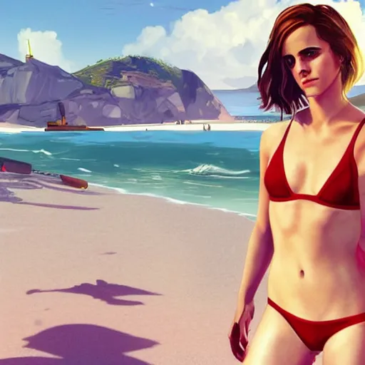 Image similar to emma watson in red bikini in gta v taking a selfie on the beach, cover art by stephen bliss, artstation, no text