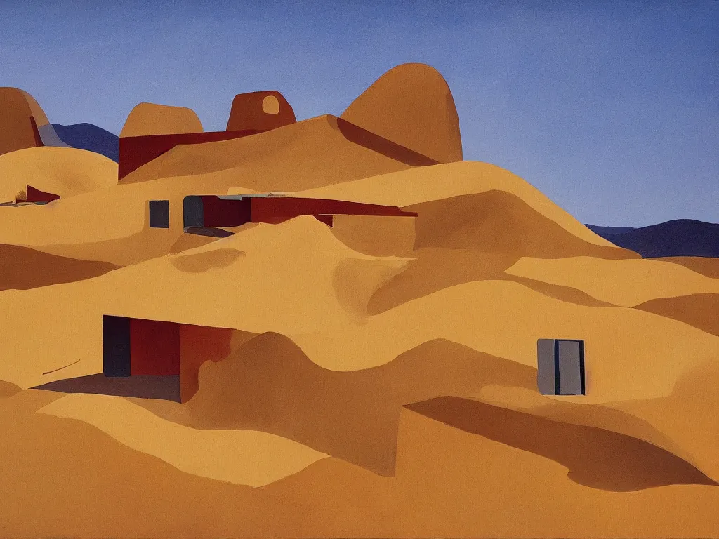 Prompt: painting of a house in the desert designed by alvar aalto, with hills at the background, altiplanic plain, amazing lighting, oil painting, highly detailed