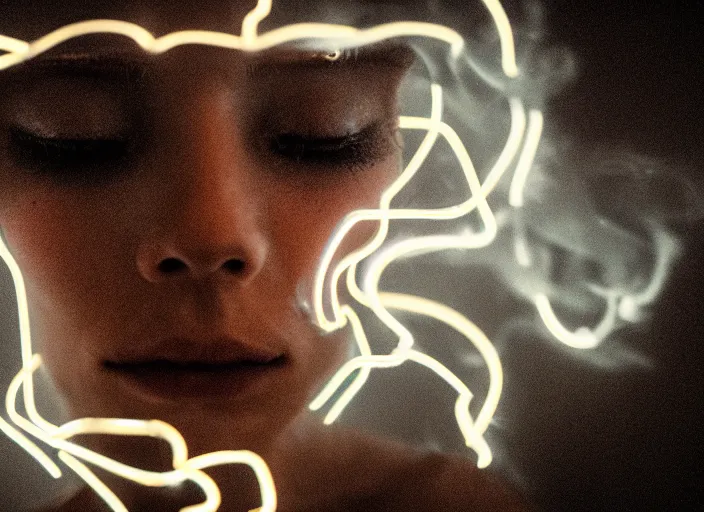 Image similar to symmetry!! a 2 8 mm macro photograph of a beautiful cyborg covered in glowing circuits, walking out of a plume of smoke, photography, film, film grain, canon 5 0 mm, cinematic lighting