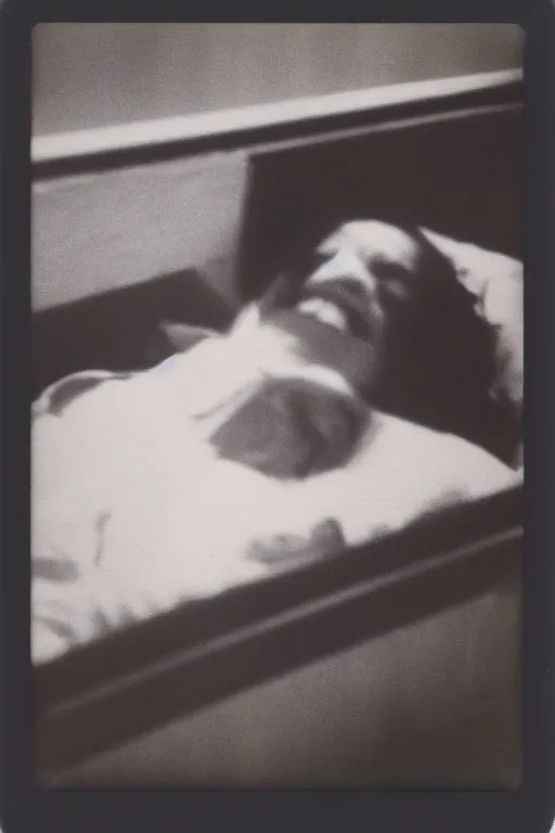 Prompt: polaroid still of pale sleeping michael jackson inside a coffin, portrait, 4k