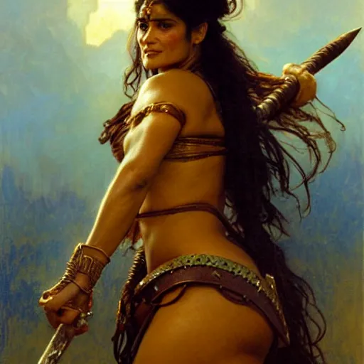 Prompt: salma hayek as a barbarian warrior, painting by gaston bussiere, craig mullins, greg rutkowski, alphonse mucha