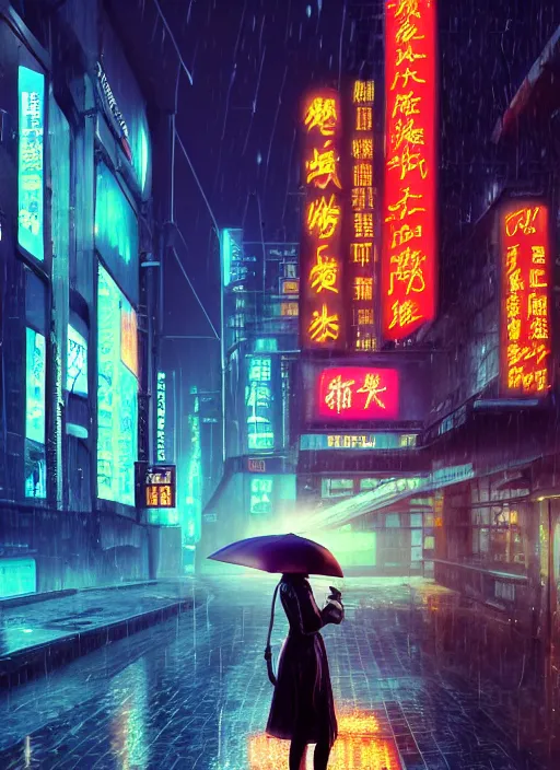 Prompt: a photo lollowing a perfect woman holding an umbrella, futuristic city at nights, rainy day, lots of details, chinese neon shop sign, photorealism, cyberpunk art by fyodor vasilyev, zbrush central contest winner, cubo - futurism, synthwave, darksynth, retrowave, shot with hasselblade camera