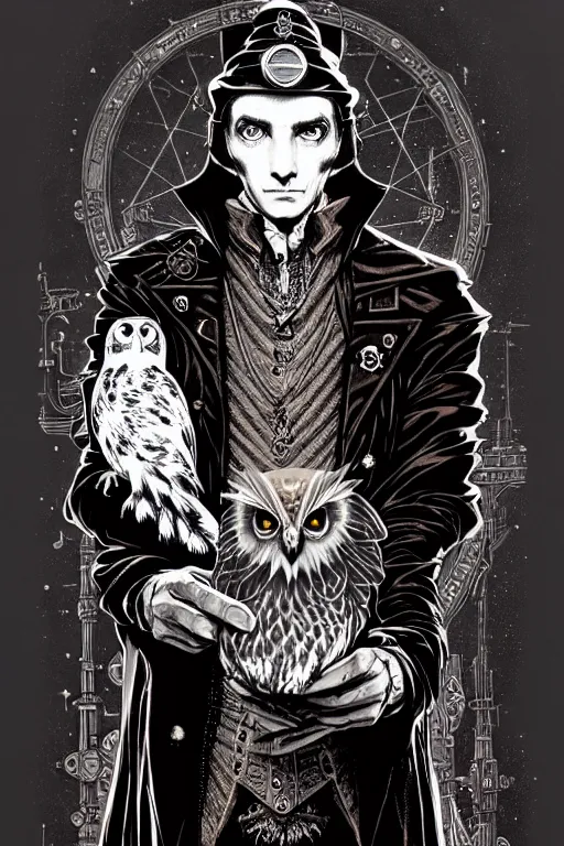 Image similar to a majestic steampunk alchemists cloaked wizard holding his pet owl, high details, bold line art, by vincent di fate and joe fenton, inking, etching, screen print, masterpiece, trending on artstation, sharp, high contrast, hyper - detailed,, hd, 4 k, 8 k