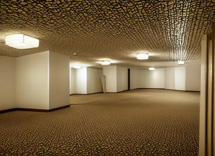 Image similar to an endless space of empty connecting rooms with old vanilla colored wallpaper from the 1970s and brown carpet lit by tungsten lights, no windows