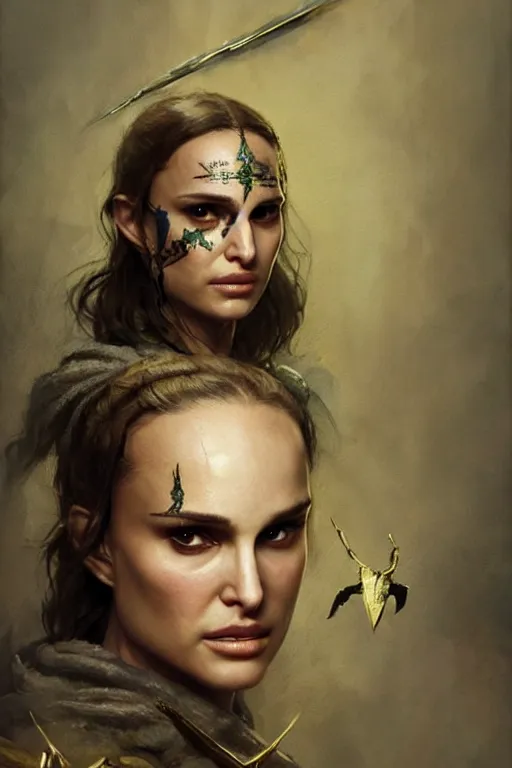 Image similar to natalie portman, warrior, lord of the rings, tattoos, decorated ornaments, by carl spitzweg, ismail inceoglu, vdragan bibin, hans thoma, greg rutkowski, alexandros pyromallis, perfect face, fine details, realistic shadeing