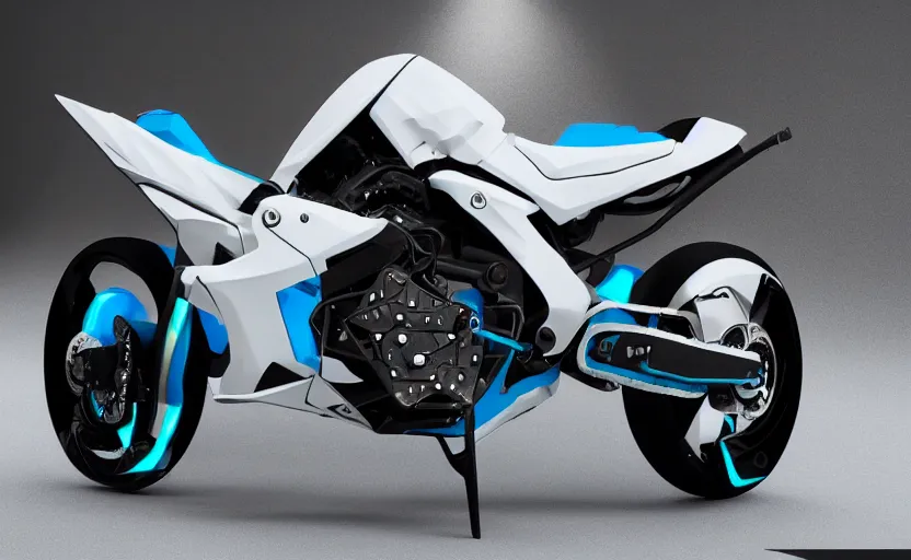 Image similar to futuristic suzuki, dakar motorbike, designed by professional artist, fog, industrial design, northen lights background, brushed white and blue paint, black wheel rims, hard surfaces modelling, show room scene, dramatic lighting, hyper realistic rendering, octane, depth of field, bokeh effect, 1 5 0 mm, 4 k