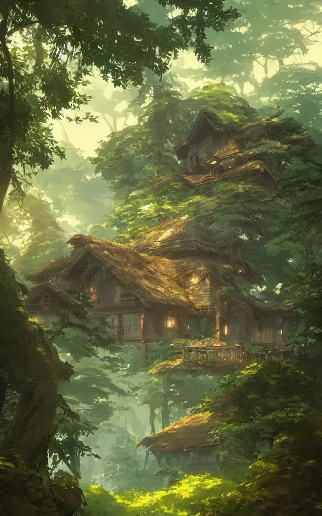 Image similar to Stunning cottage, solar, lush, forest, beautiful, by Studio Ghibli and Greg Rutkowski, artstation