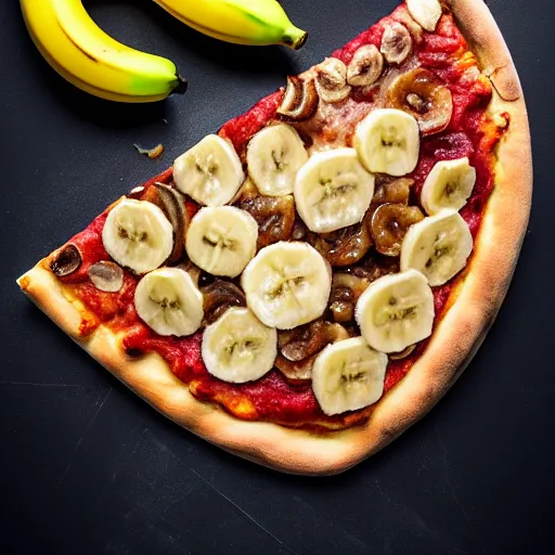 Image similar to a photo a whole unpeeled banana on top of a pizza, food photo, professional food photo, iphone, whole banana, 4 k