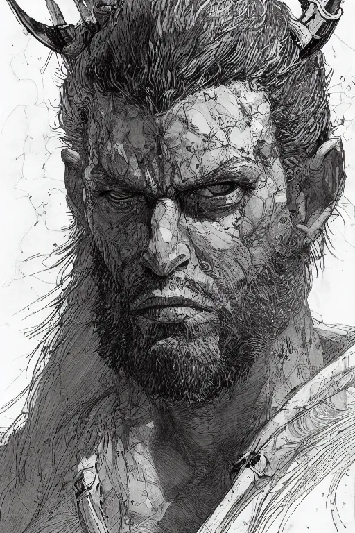 Image similar to Portrait of male dnd barbarian, pen and ink, intricate line drawings, by John Harris, Emil Melmoth, Craig Mullins, yoji shinkawa , artstation, moebius comic, Marc Simonetti, Ian McQue, Kentaro Miura, hyper detailed, cinematic