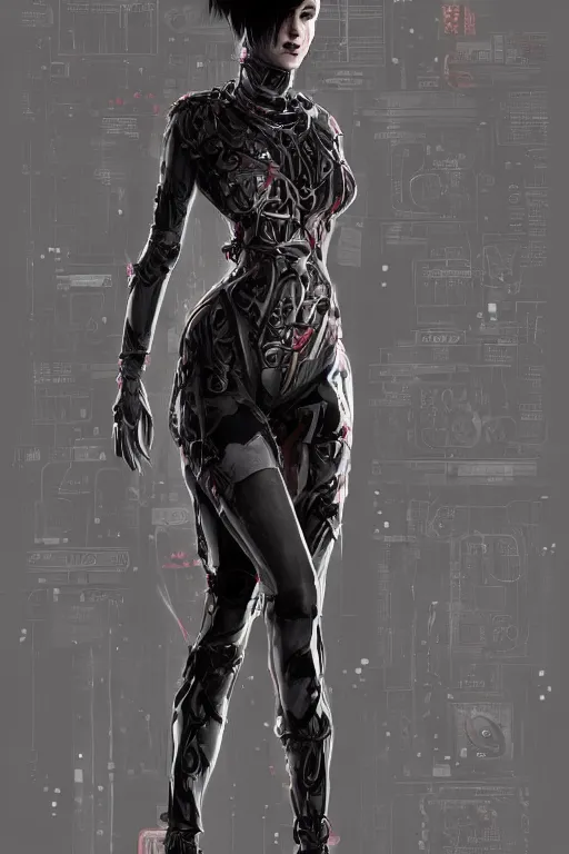 Image similar to a beautiful insufficently dressed metahuman biomechanical heavily cybered female shadowrunner fullbody portrait by echo chernik in the style of shadowrun returns pc game. 8k 3d realistic render. Dark atmosphere volumetric lighting. Cyberpunk feel. Hypermaximalist ultradetailed cinematic charachter concept art. Uncut, unzoom, centered, slightly distant, but clearly visible, feminine pose. Digital illustration. View from below