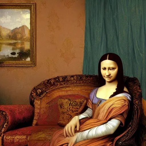 Image similar to Monalisa is sitting on her living room couch. She is dressed casually and is watching TV, Regal, Realistic, Refined, Detailed Digital Art, Josephine wall, Oil Painting, William-Adolphe Bouguereau, Art Frahm, Esao Andrews, Steampunk, Walt Disney (1937), Highly Detailed, Cinematic Lighting, Unreal Engine, 8k, HD