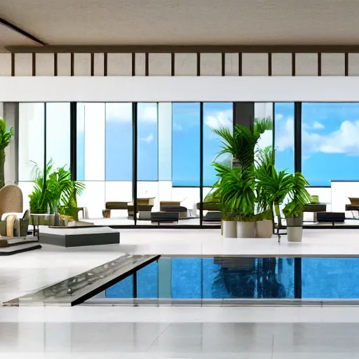 Image similar to realistic luxury hotel lobby interior in miami with pools in the background, corona render, detailed, symmetrical, minimal, clean, vegetation, herzog and de meuron