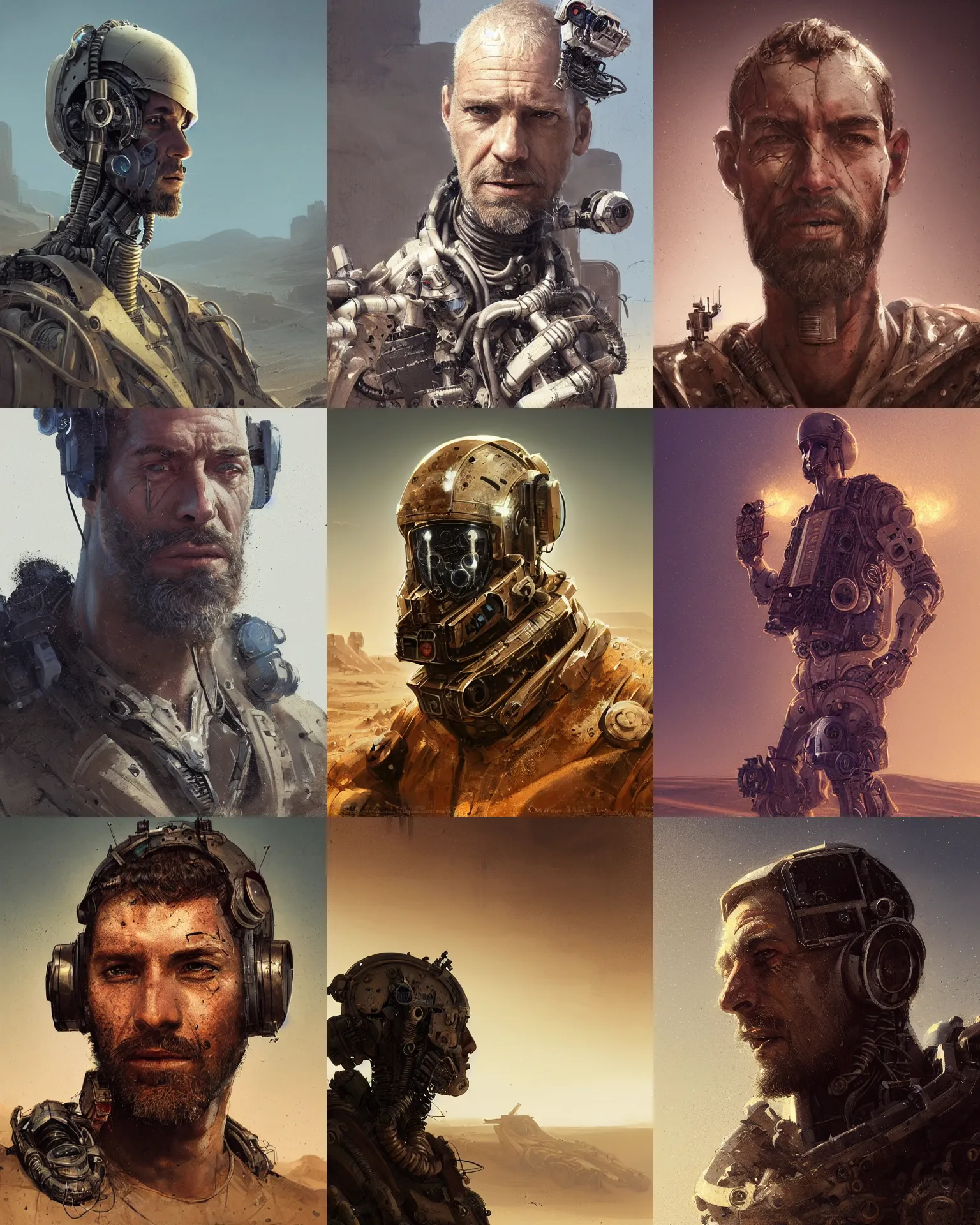 Image similar to a rugged engineer man with cybernetic enhancements lost in the desert, scifi character portrait by greg rutkowski, esuthio, craig mullins, 1 / 4 headshot, cinematic lighting, dystopian scifi gear, gloomy, profile picture, mechanical, half robot, implants, steampunk