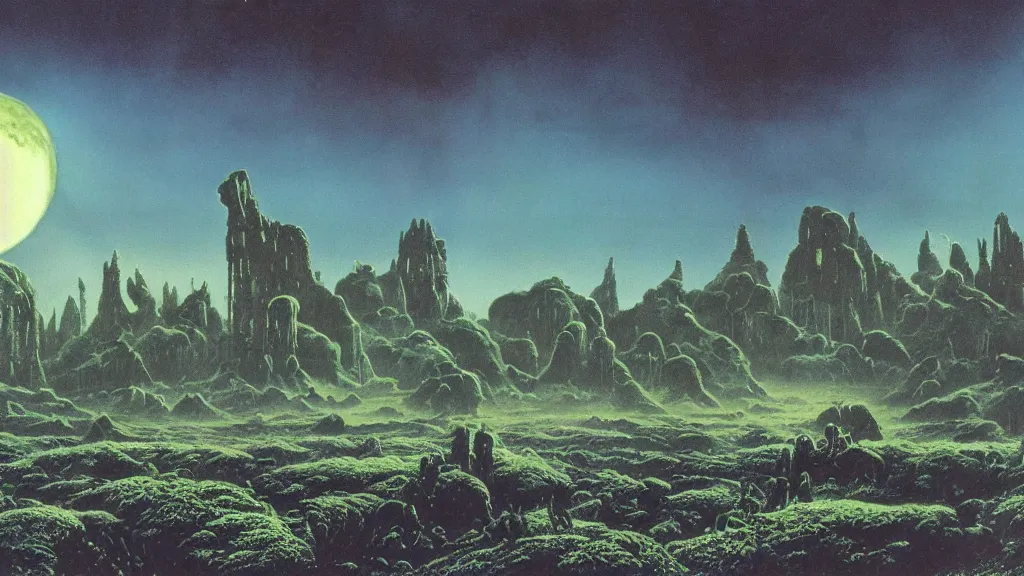 Image similar to eerie atmospheric alien planet with sinister landscape by angus mckie and bob eggleton and chris moore, epic cinematic matte painting