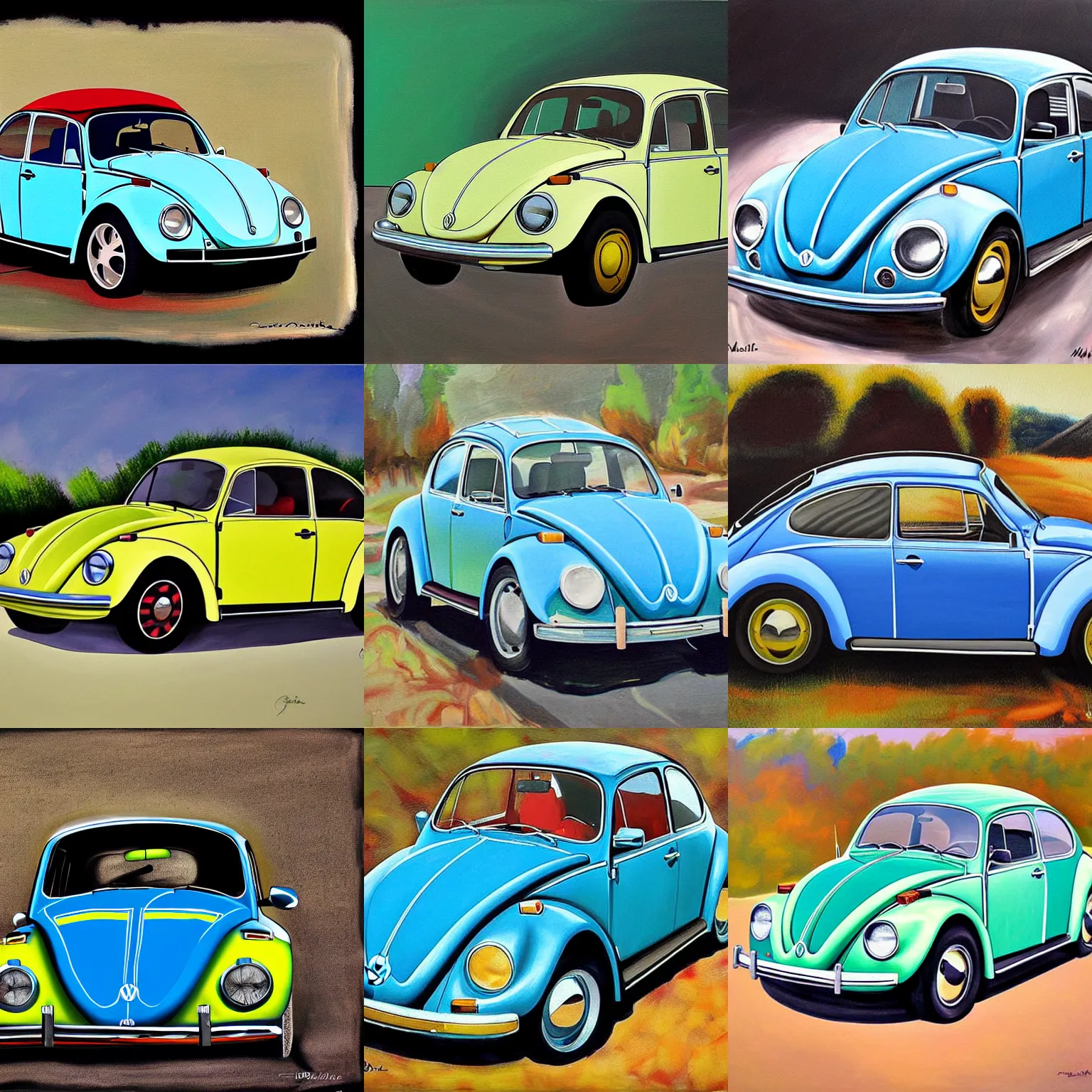 Prompt: painting of a 1970 vw beetle painted by Quentin Mabille