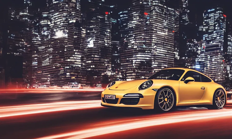 Image similar to photo of a porsche 911 at night driving fast through a city, cinematic, 4k, long exposure photography, tokyo drift, fast and furious, film still, night photography, motion blur, lens flare, movie shot, light trail