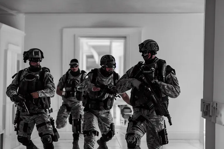 Image similar to Mercenary Special Forces soldiers in grey uniforms with black armored vest and black helmets fighting inside a mansion in 2022, Canon EOS R3, f/1.4, ISO 200, 1/160s, 8K, RAW, unedited, symmetrical balance, in-frame, combat photography
