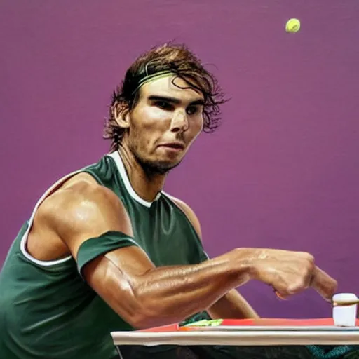 Prompt: a photo of a painting on a table of tennis player nadal