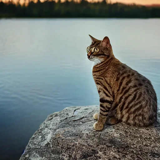 Prompt: a detailed professional photo of a cat wearing a hat, sitting on rock next to a lake at sunset, 4K,