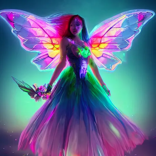 Prompt: cyberpunk fairy princess, galaxy wings, woodland grove, neon wings beautiful colorful pretty artistic 4 k artstation trending dramatic lighting realistic floral garden blooming flowers