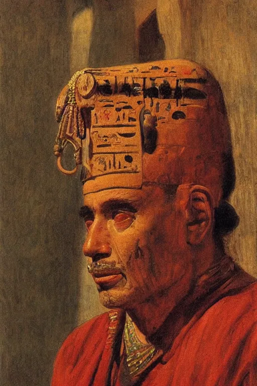 Prompt: a closer personal portrait of a a very old egyptian temple mage with very piercing eyes, very charismatic. in ancient egypt. masterpiece, ciaroscuro. painted by carl larsson