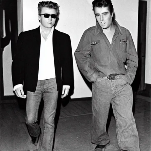 Prompt: james dean and elvis presley leaving a hotel together