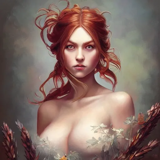 Prompt: a beautiful painting of a gorgeous young mother standing over a weathered cutting board with auburn side braid draped over her shoulder and pretty hazel eyes, representative of the art style of artgerm and wlop and peter mohrbacher