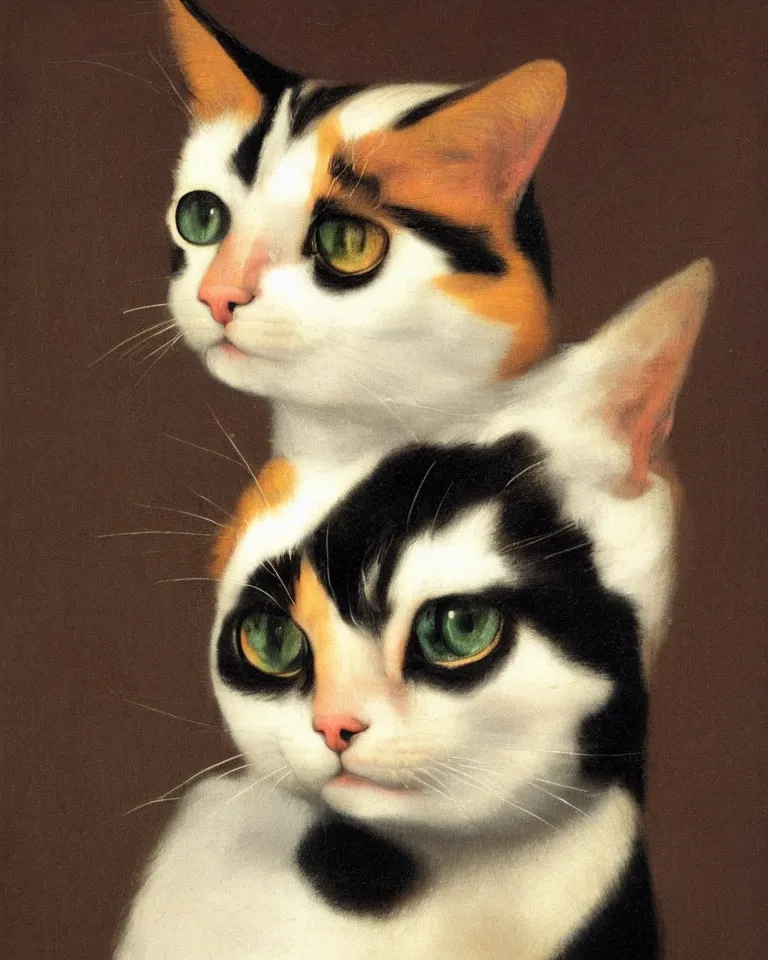 Image similar to close up portrait of one calico cat by vermeer. black background, three - point lighting, enchanting, realistic features, realistic proportions, centered, facing camera.