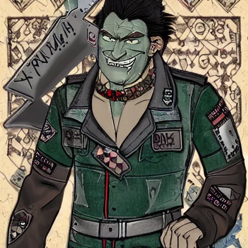 Image similar to a middle aged half - orc with thin fangs and blue grey intelligent eyes, a bemused smile. he wears a patchwork military uniform jacket with cut sleeves and many charms and baubles worked into the fabric, with an upturned collar. he has sleeve tattoos. 1 9 th century style