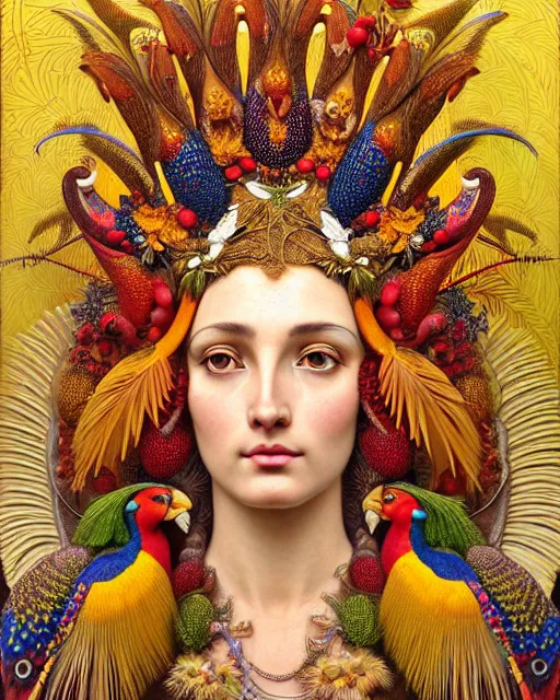 Image similar to hyperrealistic detailed face portrait of the beautiful goddess of the golden pheasants with an intricate headgear of golden pheasant, red berries, leaves, field flowers, pears, apples, art by ernst haeckel, john william godward, android jones, alphonso mucha, h. r. giger, gothic - cyberpunk, ornamental, beautiful deep colours,