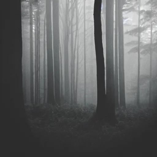 Image similar to misty forest with big black fluffy demon in the center, monochrome lomography