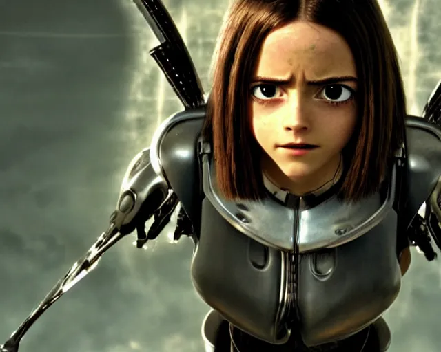 Prompt: a film still from battle angel alita played by actress emma watson, futuristic, cinematic lighting, photorealistic, highly detailed, photorealistic, high resolution