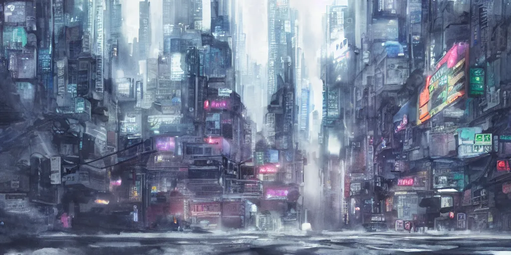 Image similar to dusty city, broken vending machines, Ghost in the Shell, ultrawide watercolor