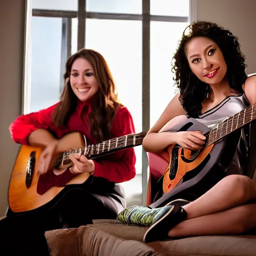 Prompt: beautiful women playing guitar, tv in the background